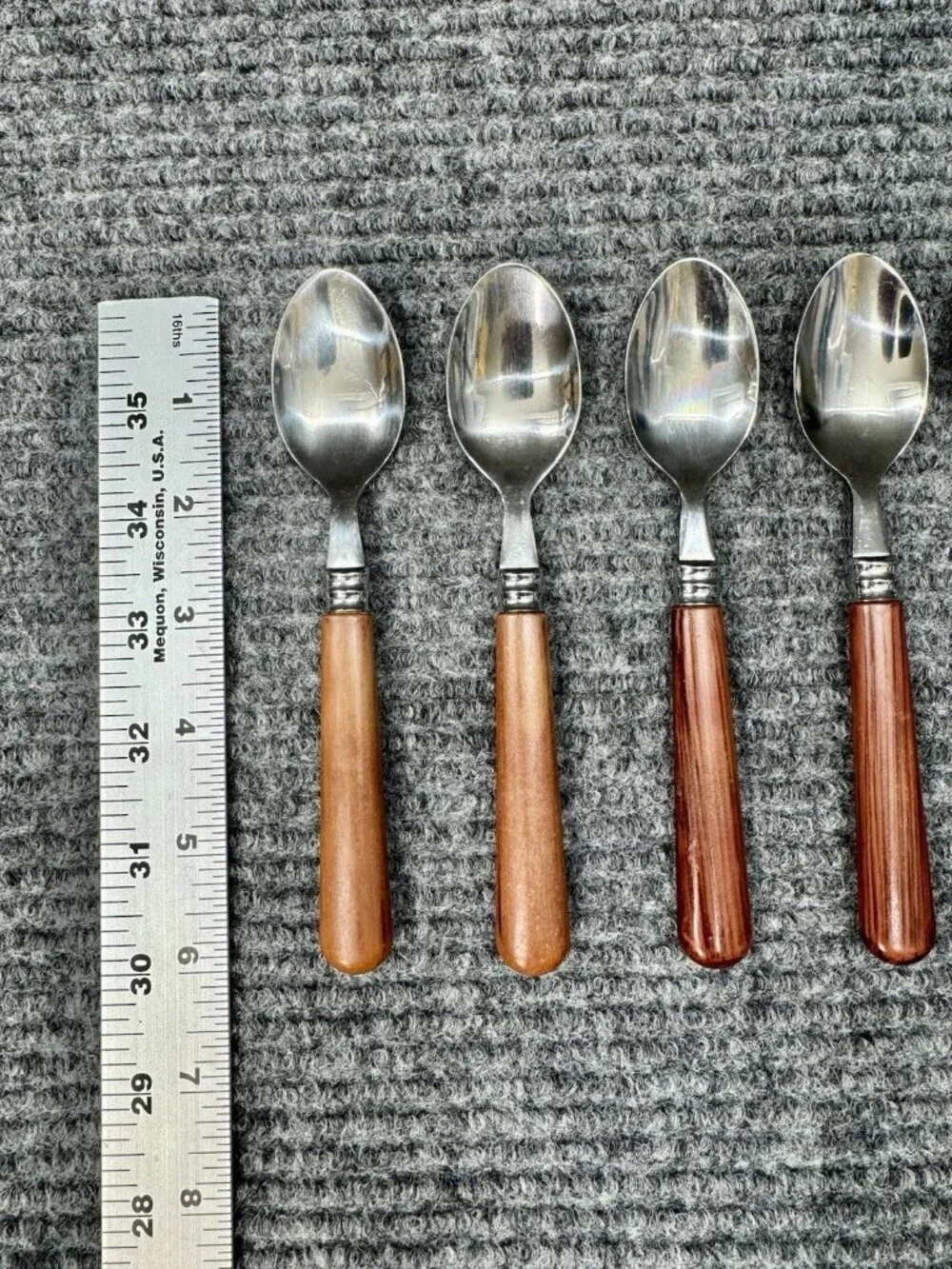 Faberware Silverware Lot Of 5 Spoons Teaspoon Faux Wood Brown Handle Vintage